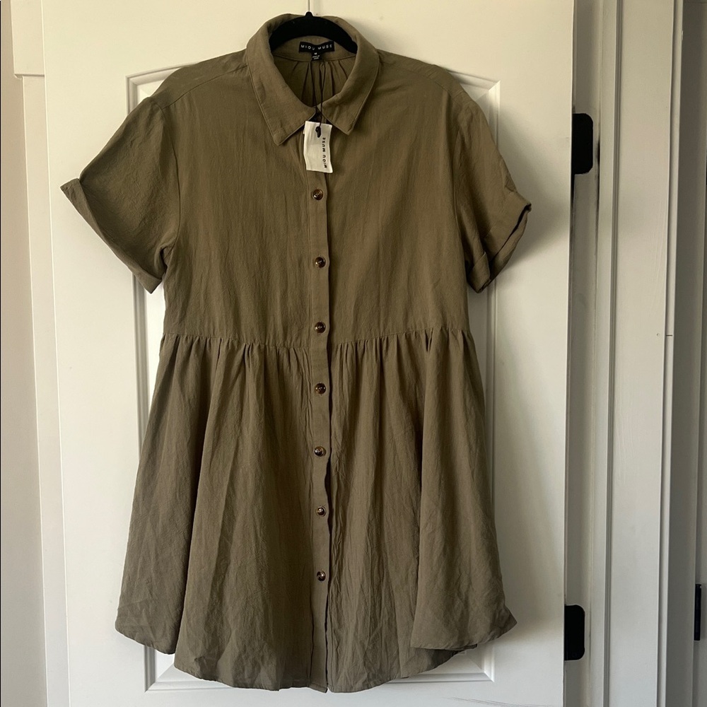 Khaki Button-Down Midi Dress
